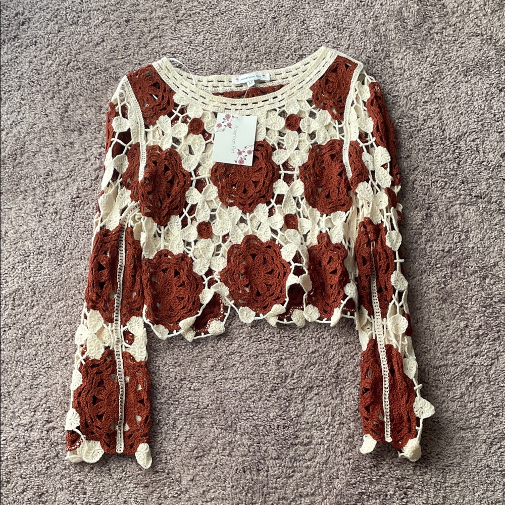 Floral Crochet Lace Blouse - Cream and Brown